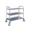 Enhance Your Service Efficiency with our 3-Tier Stainless Steel Dining/Clearing Trolley. Crafted for durability and versatility, this trolley is designed for use in restaurants, hotels, and catering services. Angle_view.