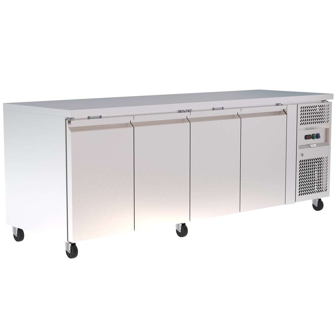 Spacious 545L Commercial Counter Fridge, Ideal For Busy Food Service Operations. Adjustable Shelving Offers Versatile Storage Options. Front Angle Image.