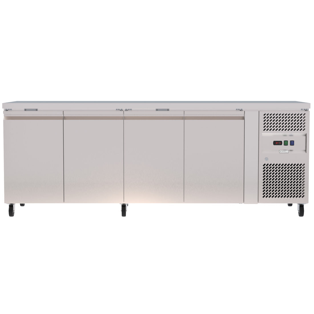 Spacious 545L Commercial Counter Fridge, Ideal For Busy Food Service Operations. Adjustable Shelving Offers Versatile Storage Options. Front Image.