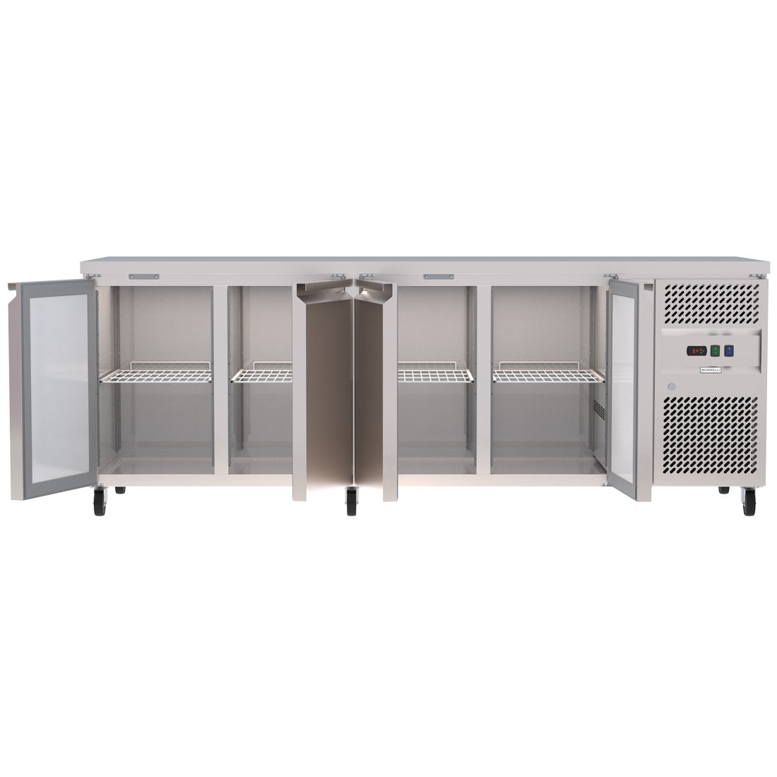 Spacious 545L Commercial Counter Fridge, Ideal For Busy Food Service Operations. Adjustable Shelving Offers Versatile Storage Options. Front Door Opening Image.