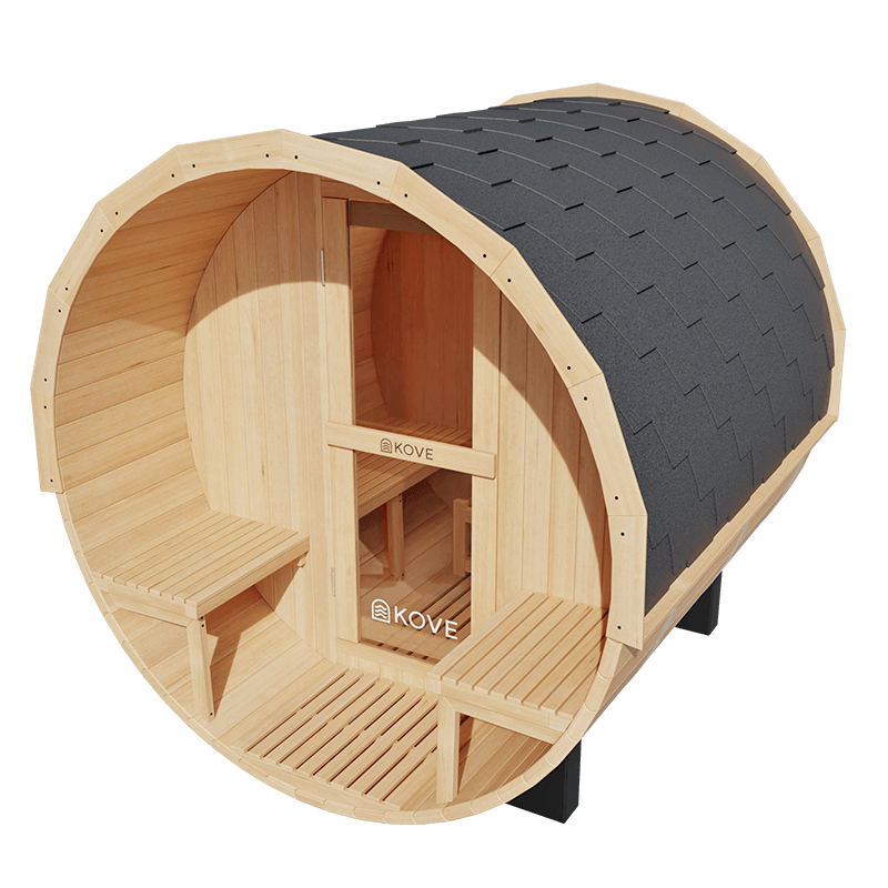 KOVE Outdoor Barrel Sauna – 3–4 Person Garden Sauna with 6kW Harvia Electric Heater