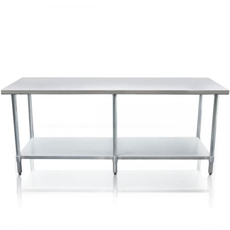 Durable 2100mm 430 Food Grade Stainless Steel Centre Table, Ideal for Commercial Kitchens. Robust Construction Ensures Longevity and Reliability. Front Image.