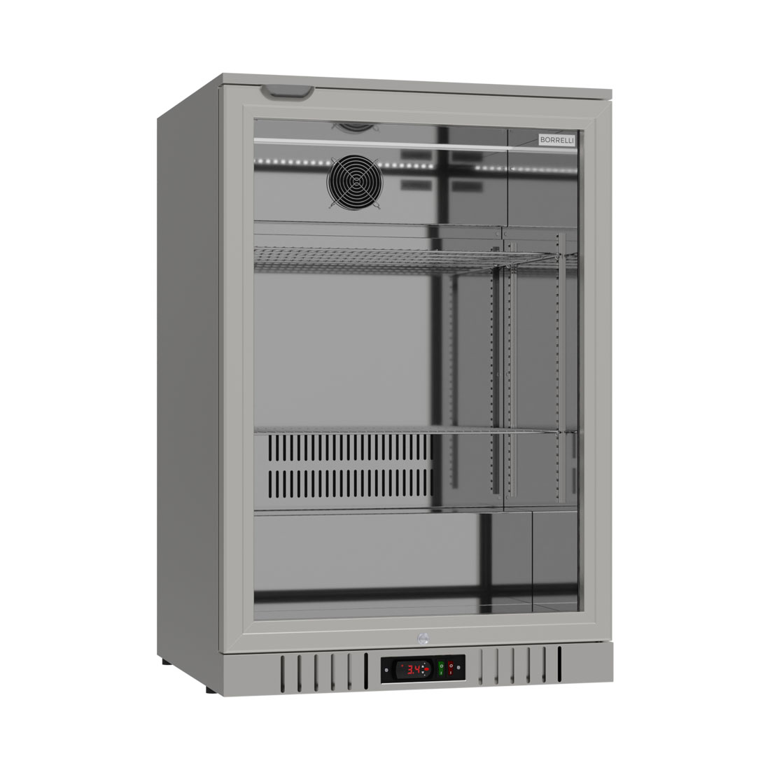 Angled view of an empty Borrelli 130ltr stainless steel bar fridge, deluxe edition, illustrating the compact and sleek design for modern bar setups.