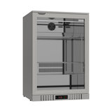 Angled view of an empty Borrelli 130ltr stainless steel bar fridge, deluxe edition, illustrating the compact and sleek design for modern bar setups.