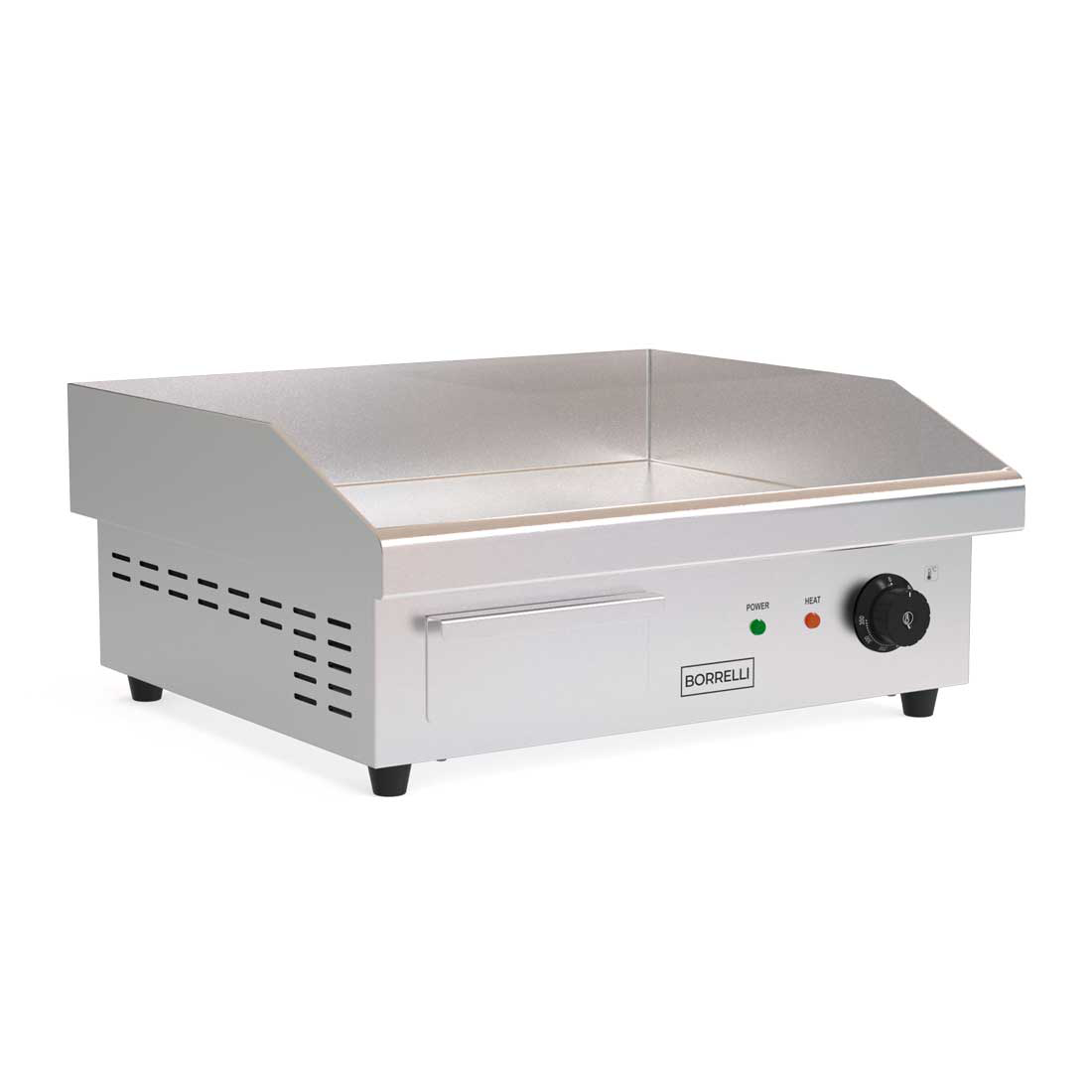 Right-side view of the Borrelli Counter Top Electric Griddle, emphasizing the sleek design and compact size for efficient use in space-conscious commercial settings.
