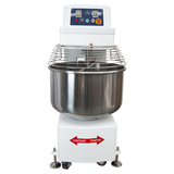Front view of Borrelli 130Litre Spiral Dough Mixer with guard in place, showcasing the robust stainless steel bowl and user-friendly control panel for commercial baking needs.