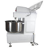 Side view of Borrelli 130Litre Spiral Dough Mixer with safety guard raised, highlighting the mixer’s accessibility for cleaning and maintenance in a professional bakery setting.