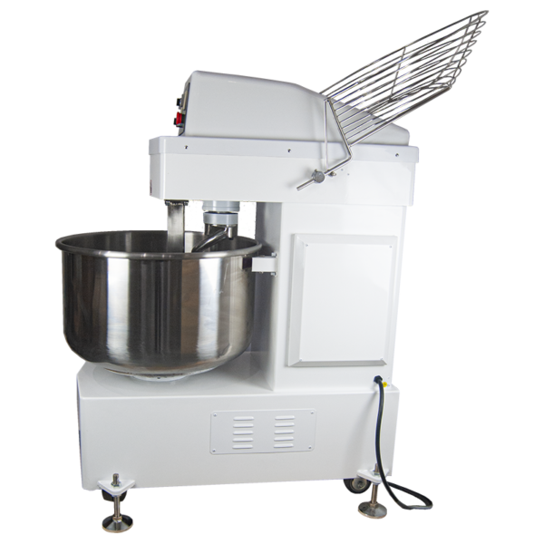 Side view of Borrelli 130Litre Spiral Dough Mixer with safety guard raised, highlighting the mixer’s accessibility for cleaning and maintenance in a professional bakery setting.