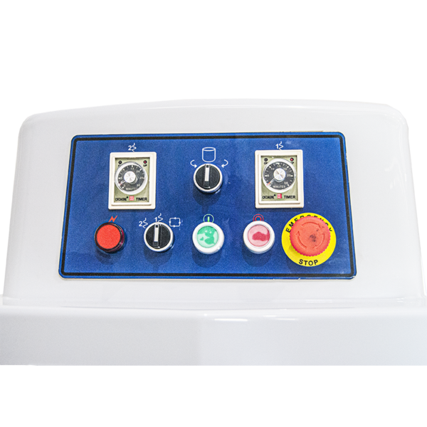 Close-up of the Borrelli 130Litre Spiral Dough Mixer's control panel, featuring dual timers and emergency stop functions for precision and safety during dough preparation.