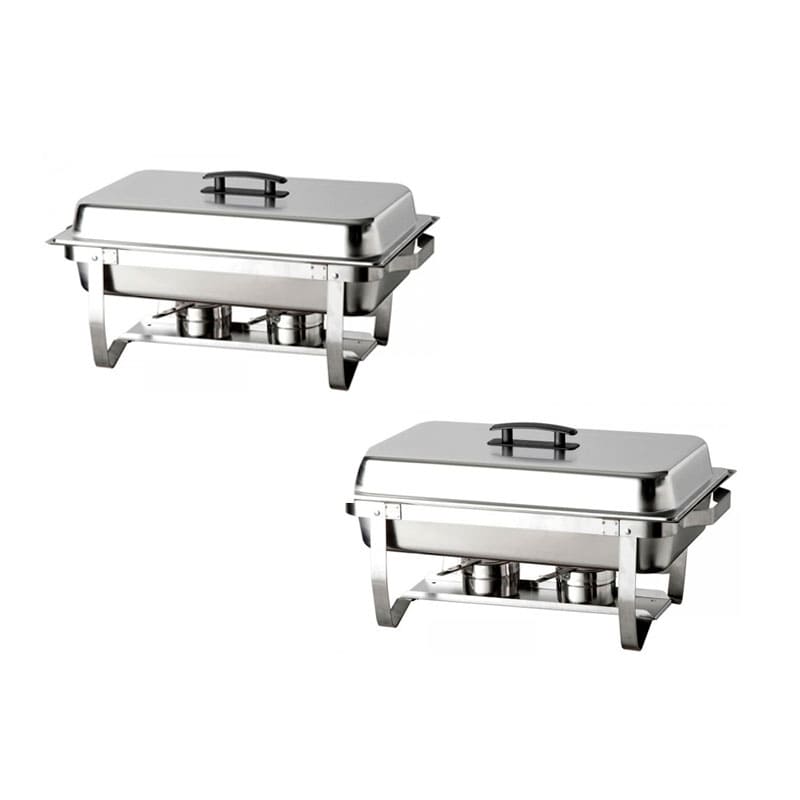 Upgrade Your Catering Setup with the Premium Borrelli Chafing Dish Set - 9Ltr Each. This top-quality set includes two full-size 1/1 chafing dishes, each with lids and fuel holders.
