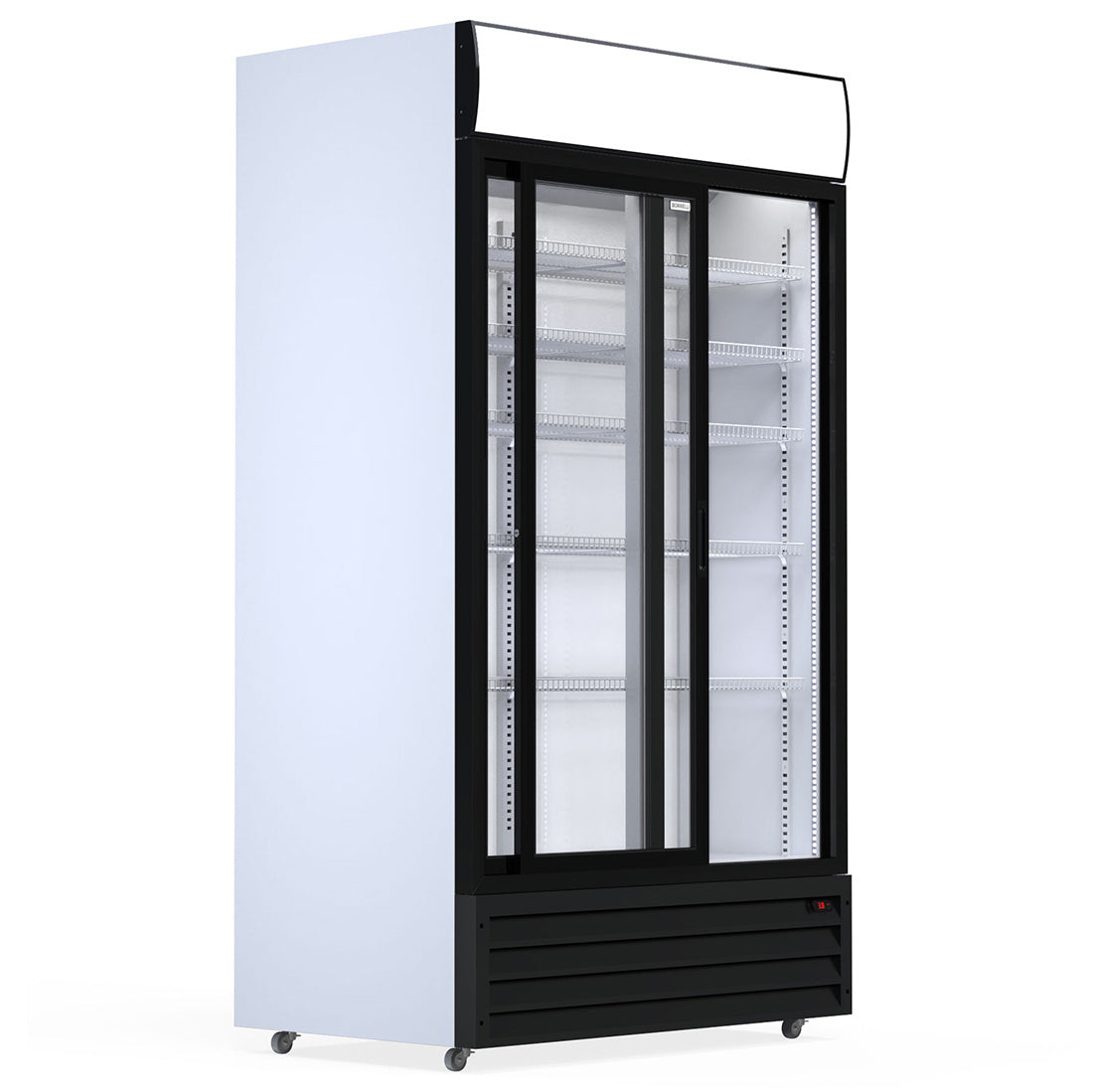 Experience Efficiency with our 1000-Litre Display Fridge, equipped with Sliding Doors for Commercial Use. side view with doors open.