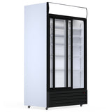 Experience Efficiency with our 1000-Litre Display Fridge, equipped with Sliding Doors for Commercial Use. side view with doors open.