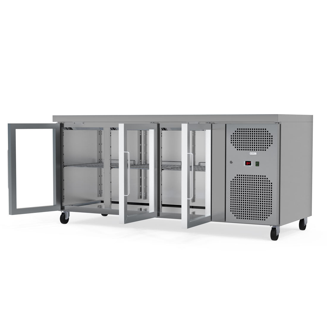 High-Capacity 403L Commercial Counter Fridge, Perfect For Busy Kitchens And Food Service Establishments. Spacious Interior With Adjustable Shelving To Accommodate Various Products. Front Empty Angle Door Opening Image.