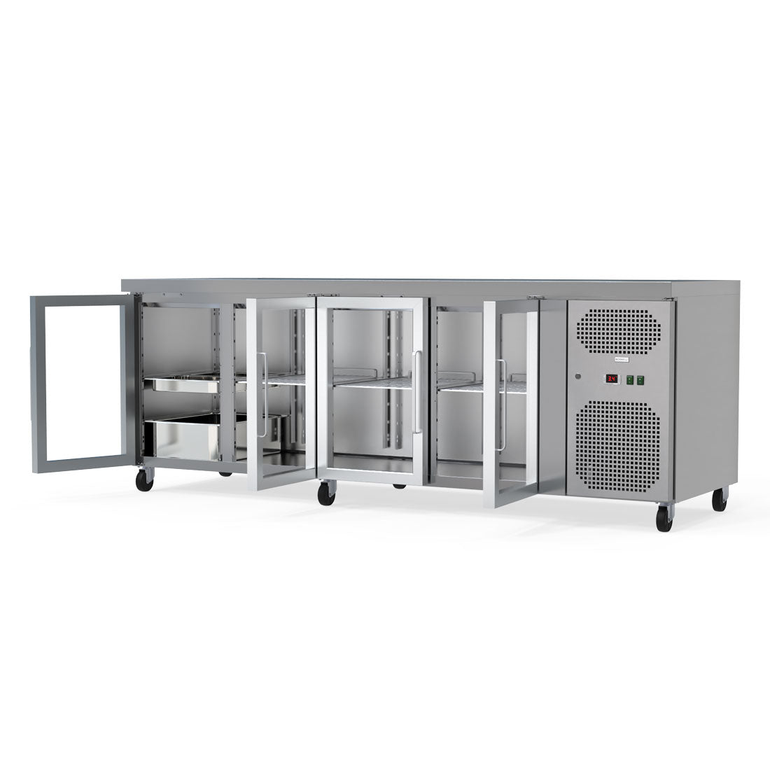 Spacious 545L Commercial Counter Fridge, Ideal For Busy Food Service Operations. Adjustable Shelving Offers Versatile Storage Options. Empty Front Angle Door OpeningImage.