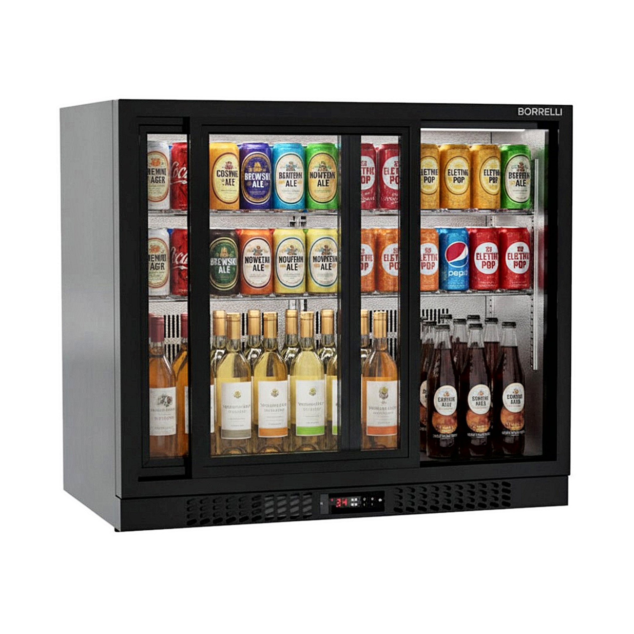 Borrelli BC-210S commercial bar fridge, three-quarter angle view, double sliding glass doors stocked with drinks