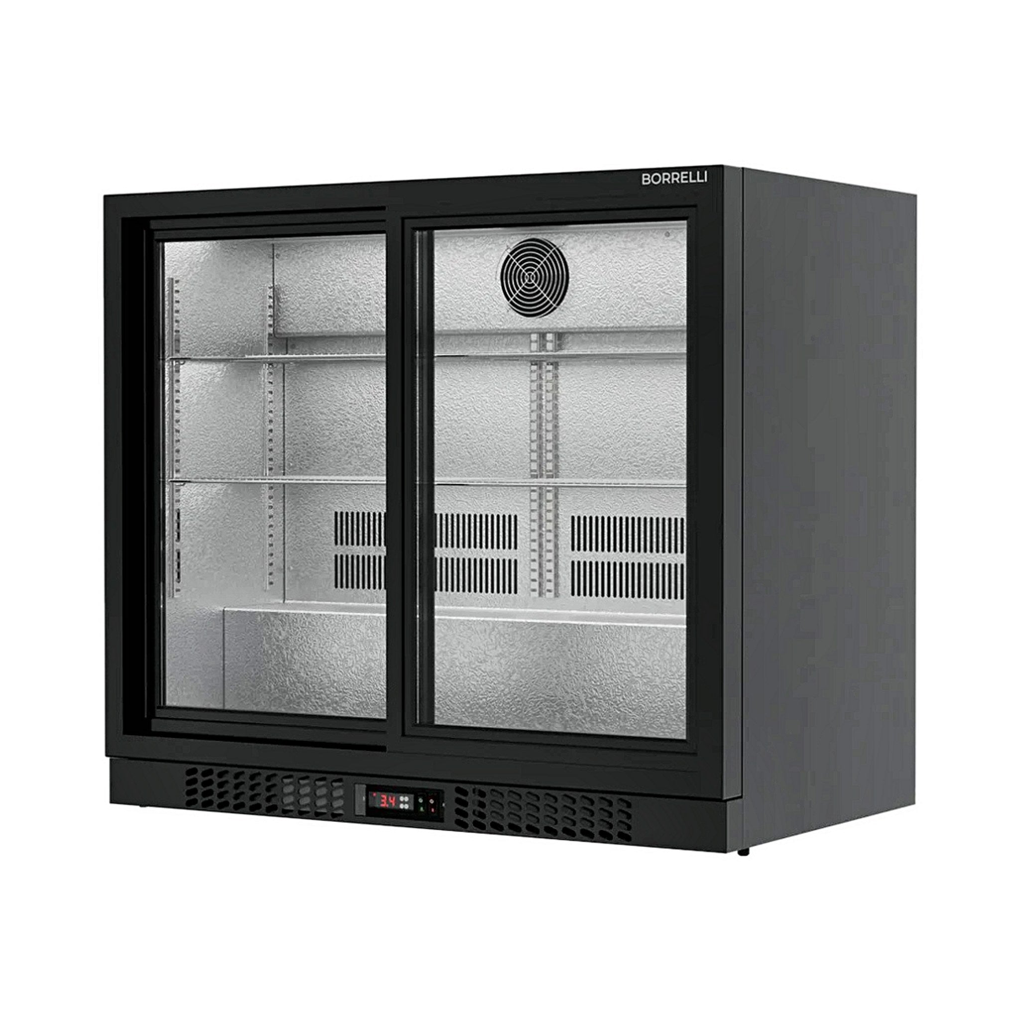 Borrelli BC-210S commercial bar fridge, empty interior with textured stainless finish and adjustable shelves behind double sliding glass doors