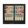 Borrelli BC-210S commercial bar fridge, front view, double sliding glass doors stocked with cans, bottles and wines