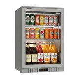 Borrelli 130 stainless steel commercial bar fridge, three-quarter angle view, single glass door stocked with drinks