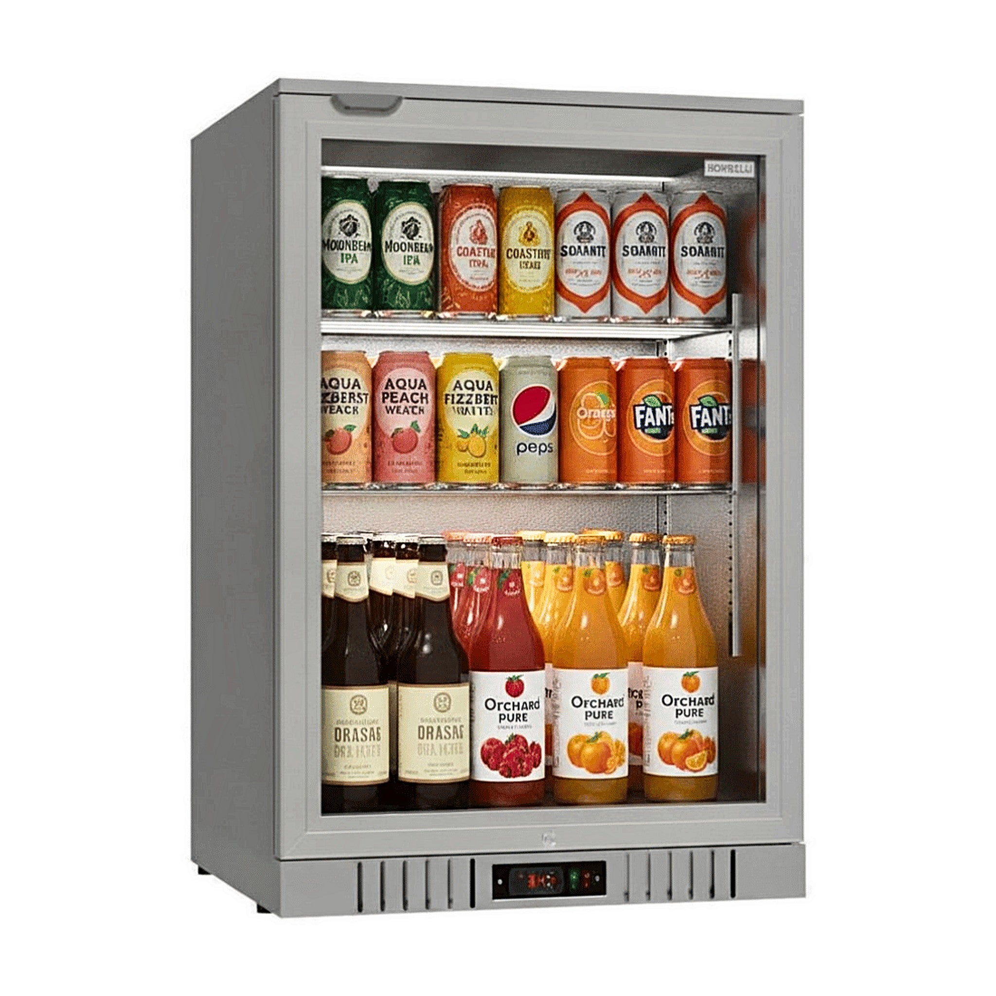 Borrelli 130 stainless steel commercial bar fridge, three-quarter angle view, single glass door stocked with drinks