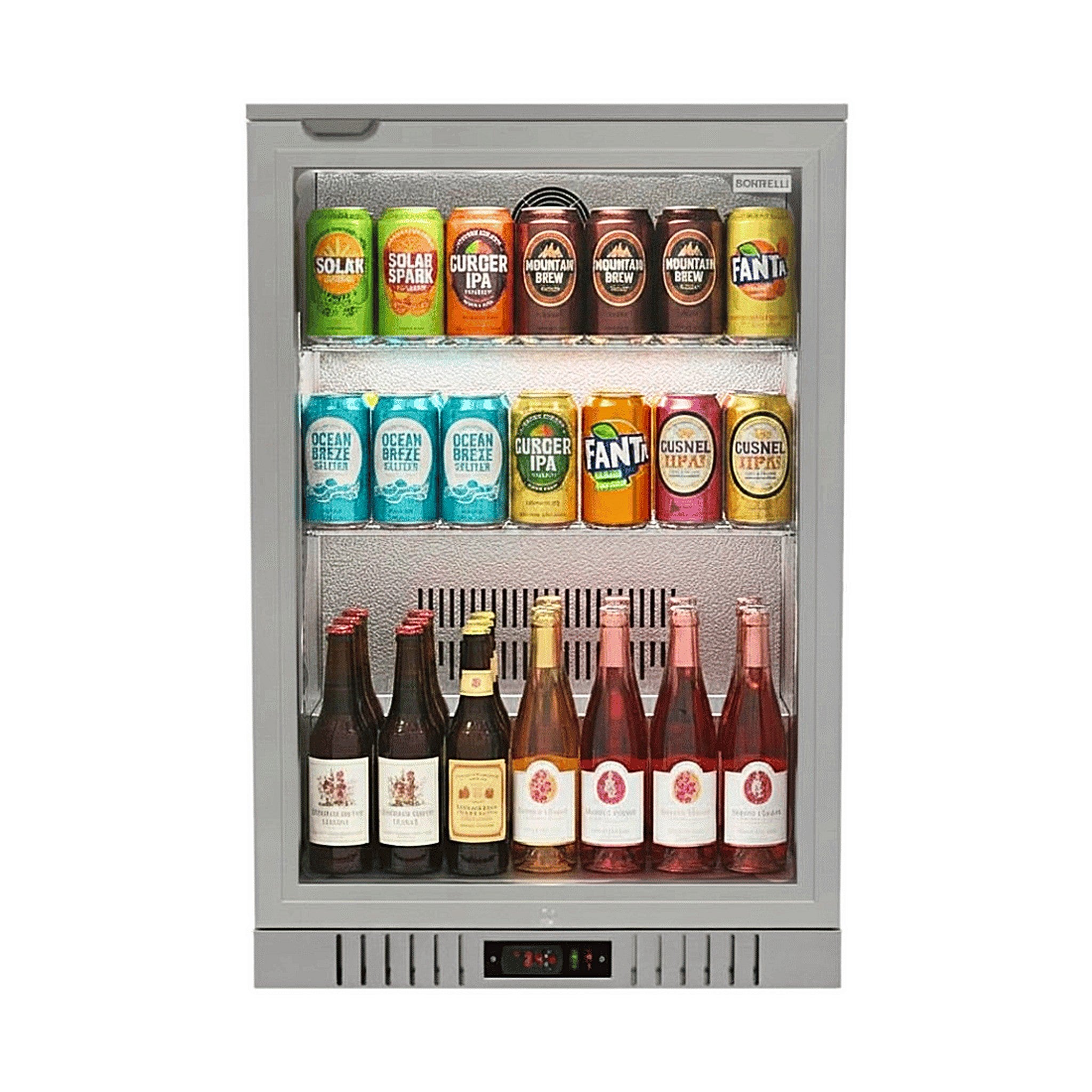 Borrelli 130 stainless steel commercial bar fridge, front view, single glass door stocked with cans and bottles