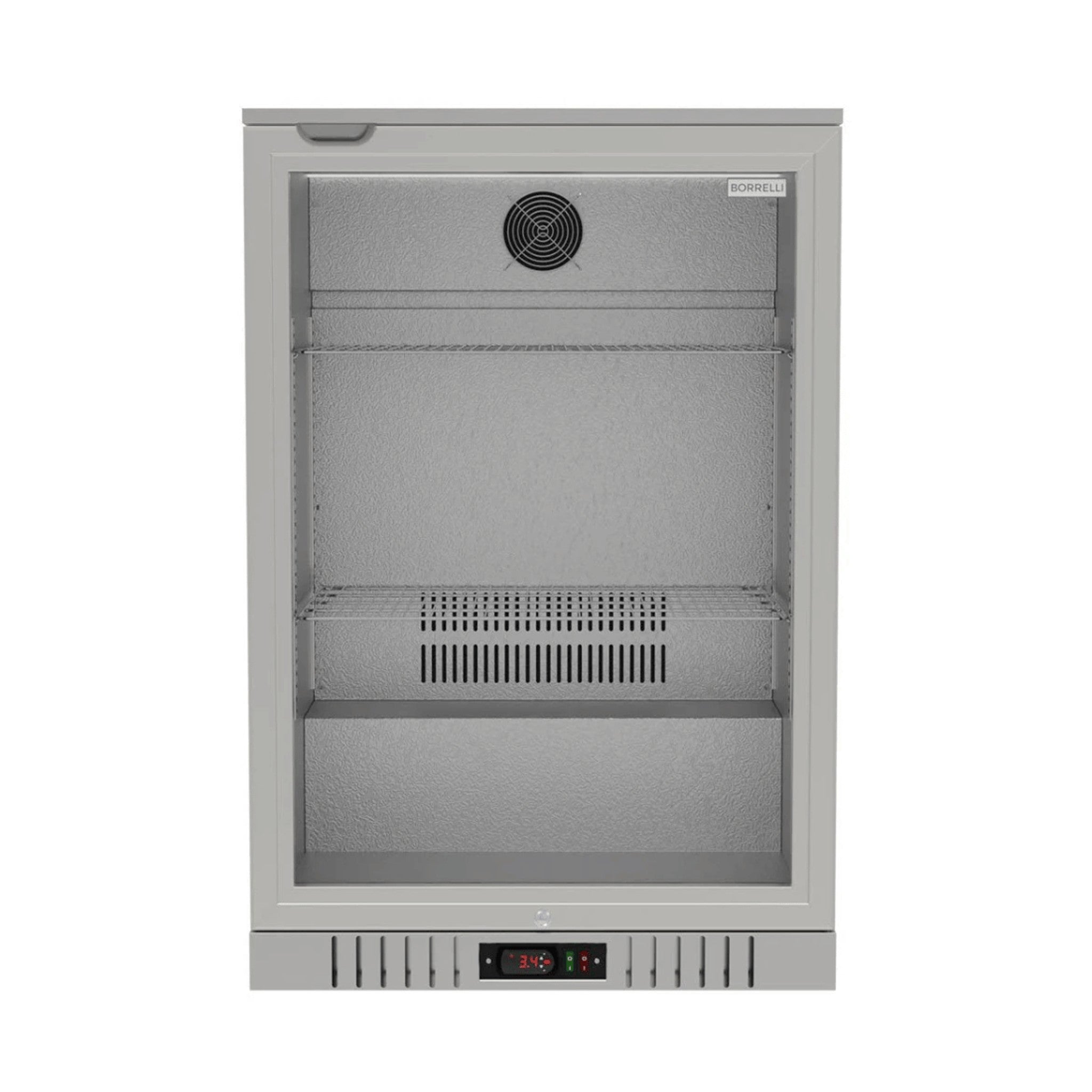 Borrelli 130 stainless steel commercial bar fridge, empty interior with textured stainless finish and adjustable wire shelves