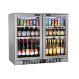 Borrelli 210 deluxe stainless steel commercial bar fridge, three-quarter angle view, mirror-finish interior stocked with drinks