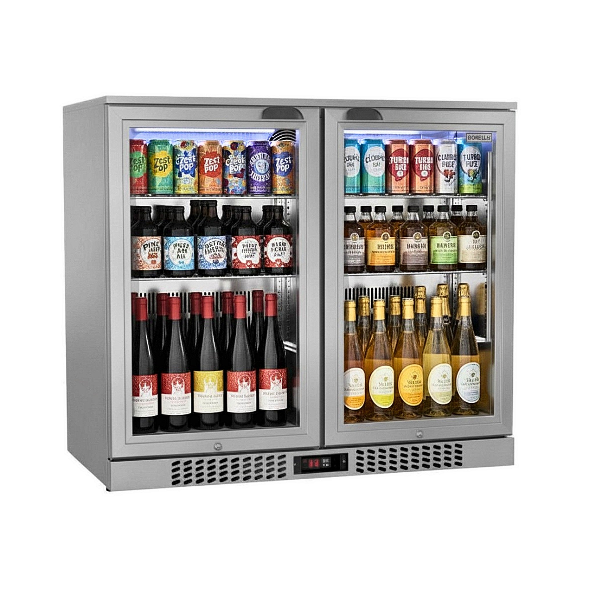 Borrelli 210 deluxe stainless steel commercial bar fridge, three-quarter angle view, mirror-finish interior stocked with drinks