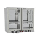 Borrelli 210 deluxe stainless steel commercial bar fridge, empty interior showing mirror-finish stainless back panel and adjustable shelves behind double sliding glass doors
