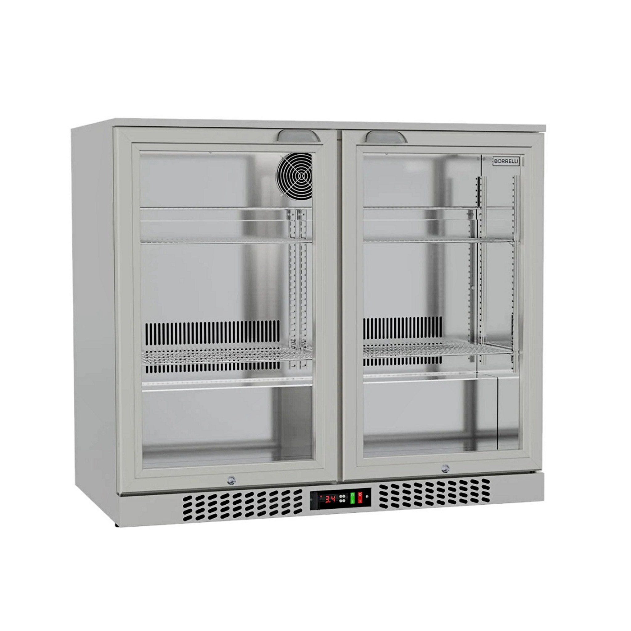 Borrelli 210 deluxe stainless steel commercial bar fridge, empty interior showing mirror-finish stainless back panel and adjustable shelves behind double sliding glass doors