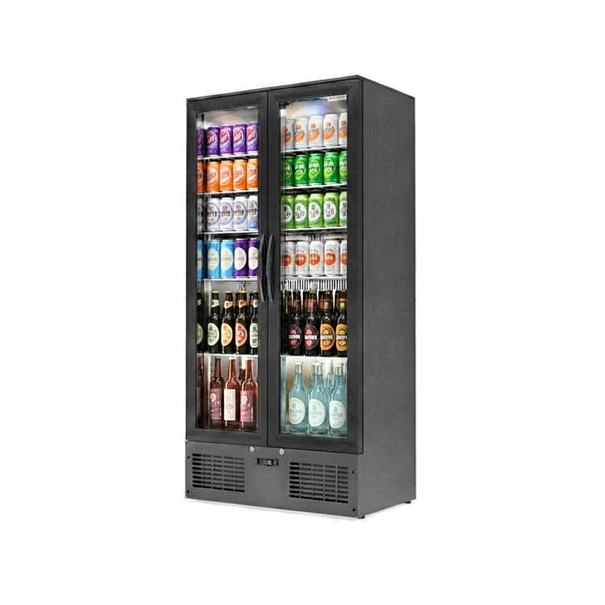 Borrelli 510U black double hinged glass door upright bar fridge, three-quarter angle view, stocked with drinks