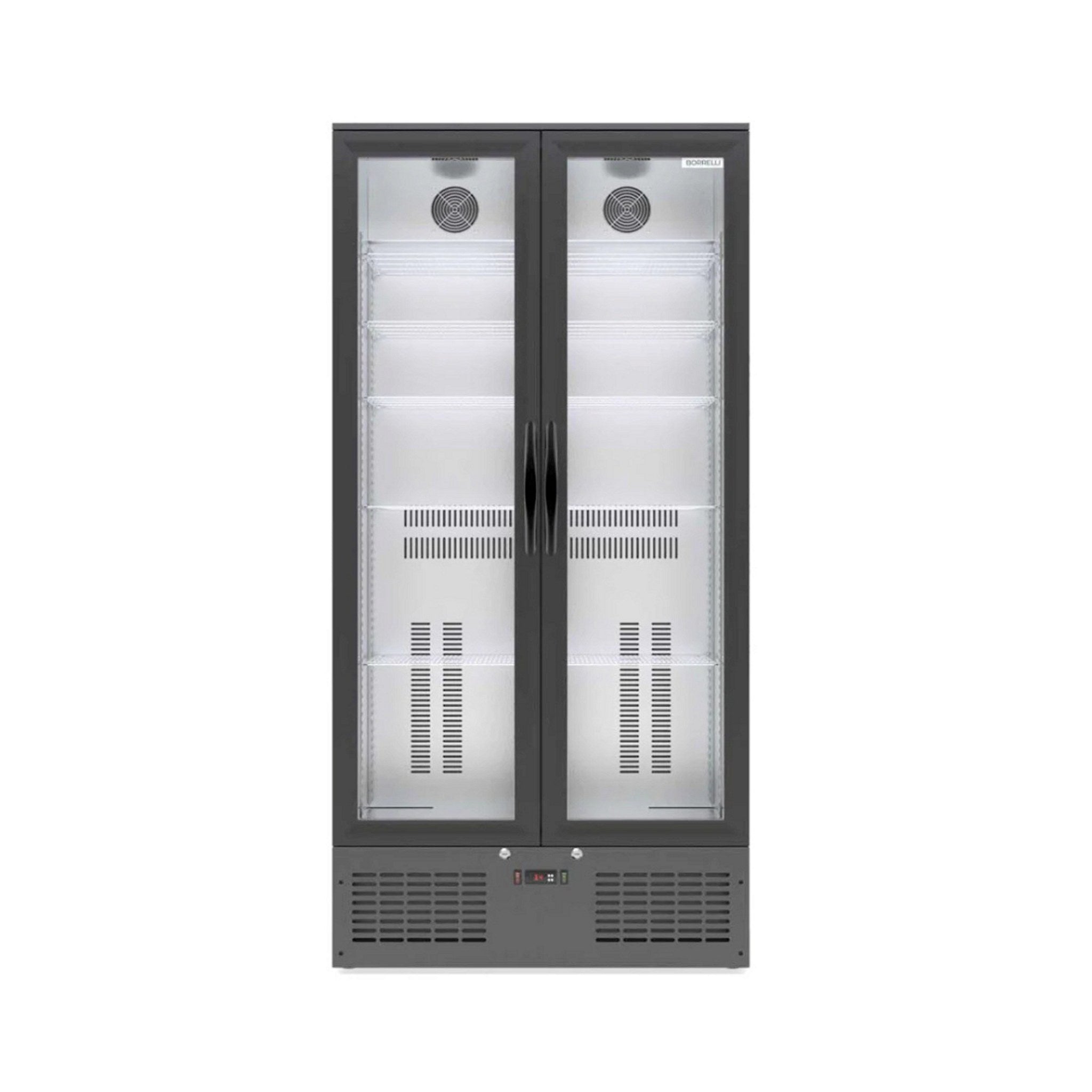 Borrelli 510U black upright bar fridge, empty interior with adjustable shelves behind double hinged glass doors