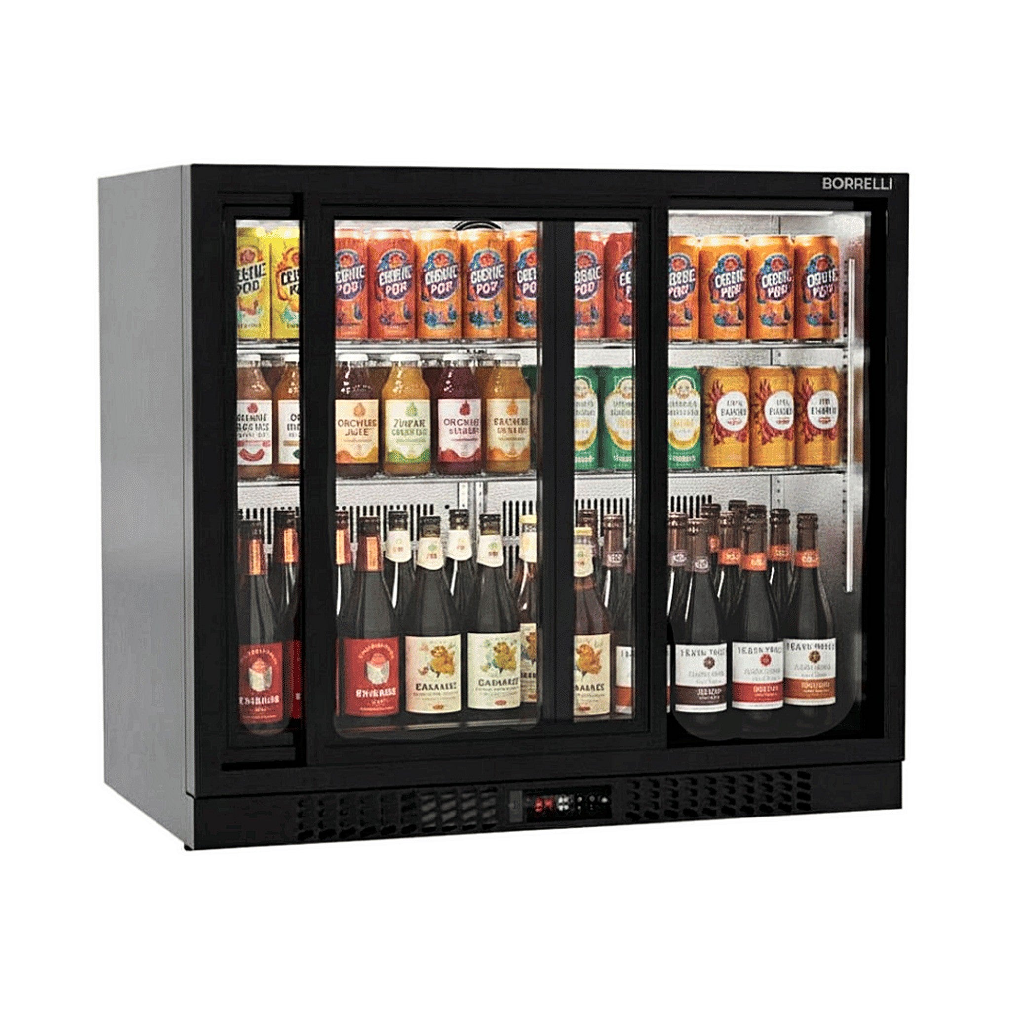 Borrelli 210 matt black undercounter bar fridge, three-quarter angle view, sliding glass doors stocked with drinks