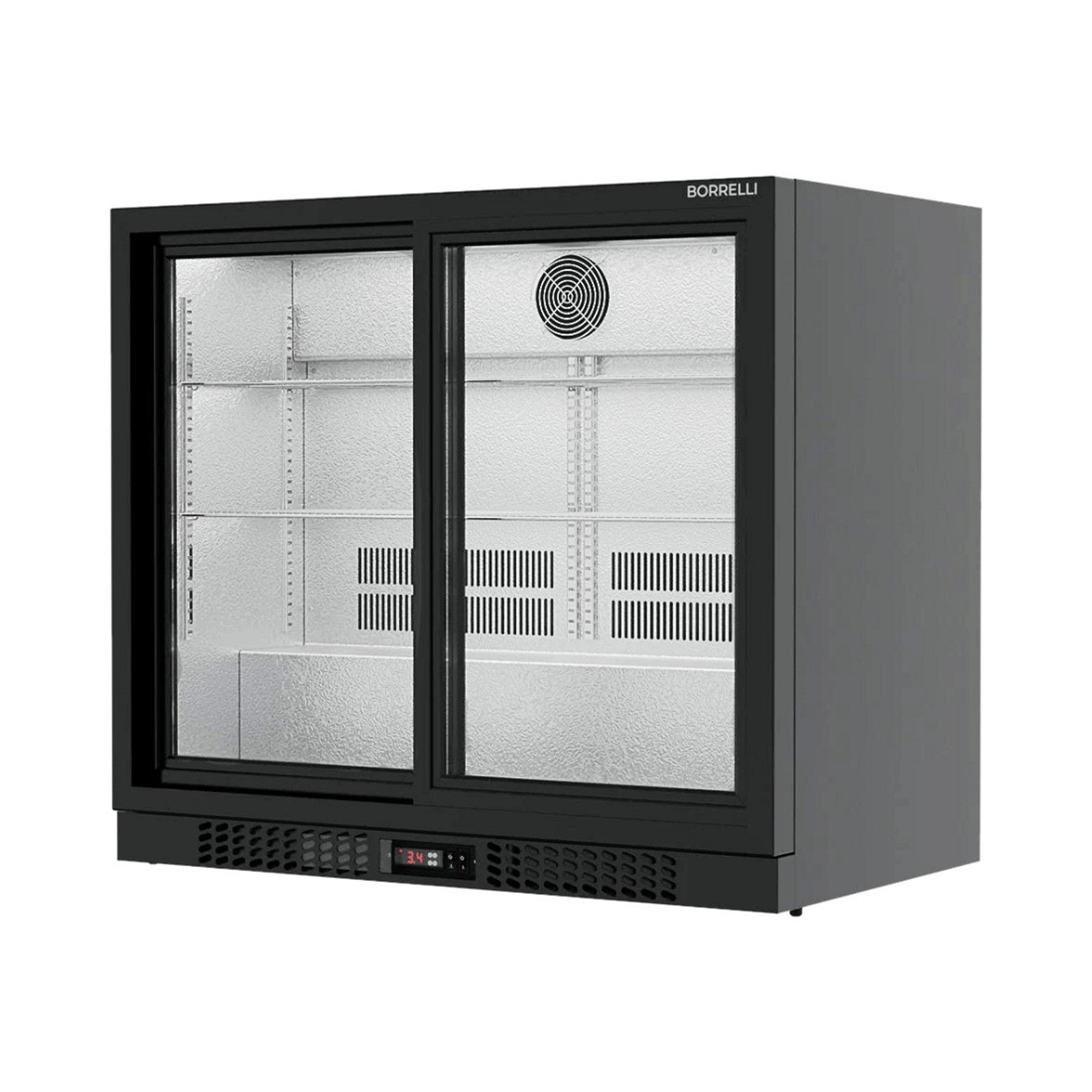 Borrelli 210 matt black undercounter bar fridge, empty interior with textured stainless finish and adjustable shelves behind sliding glass doors