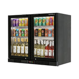 Borrelli BC-210HB commercial undercounter bar fridge, three-quarter angle view, double hinged glass doors stocked with drinks