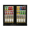 Borrelli BC-210HB commercial undercounter bar fridge, front view, double hinged glass doors stocked with cans, bottles and wines