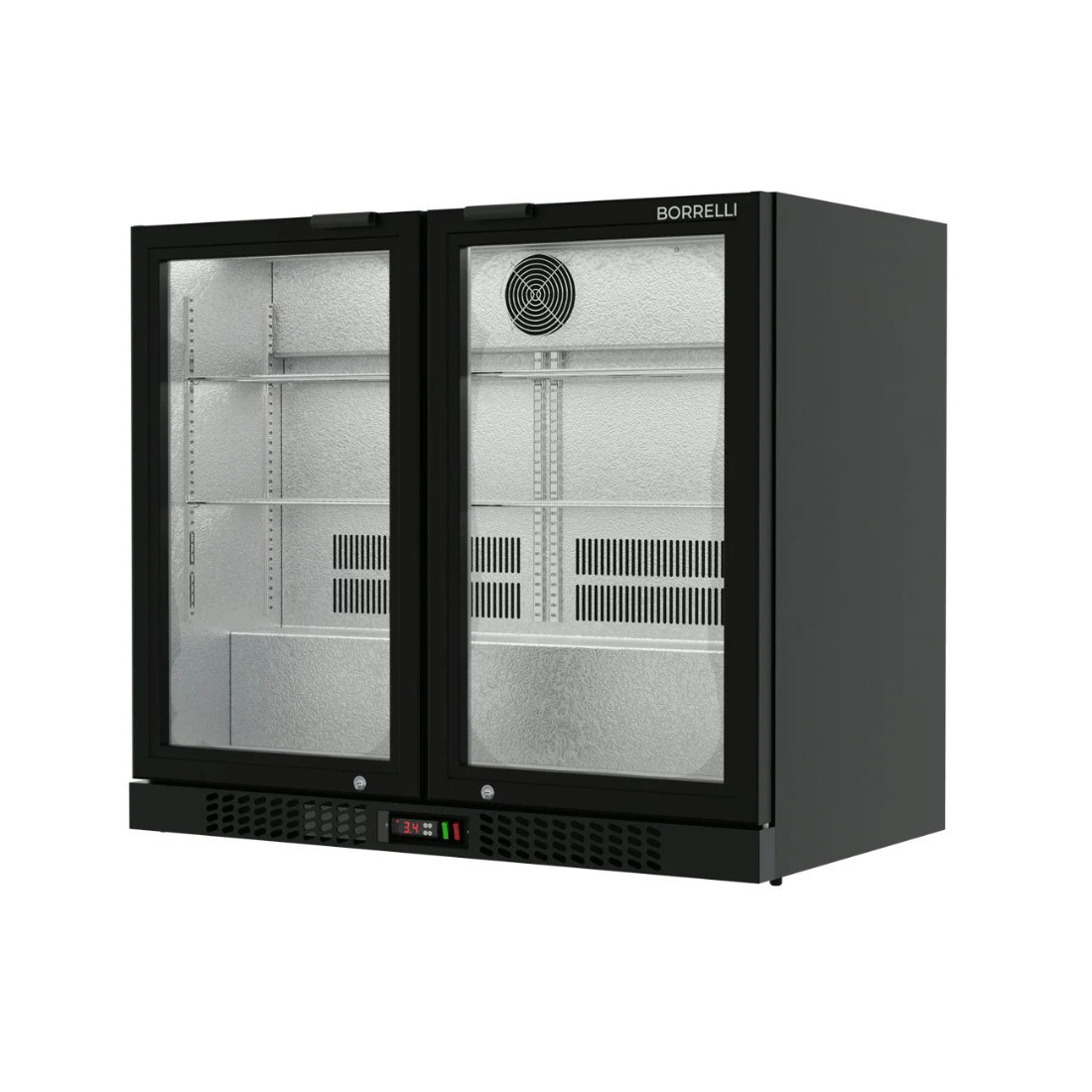 Borrellicommercial undercounter bar fridge, three-quarter angle view, empty interior view