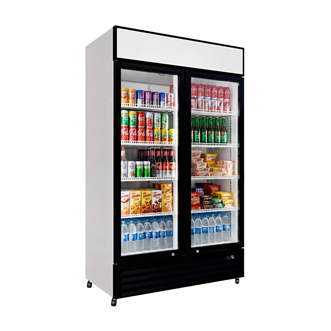 Borrelli UD-688H commercial display fridge, three-quarter angle view, glass door merchandiser stocked with drinks and snacks