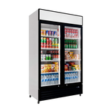 Borrelli UD-688H commercial display fridge, three-quarter angle view, glass door merchandiser stocked with drinks and snacks