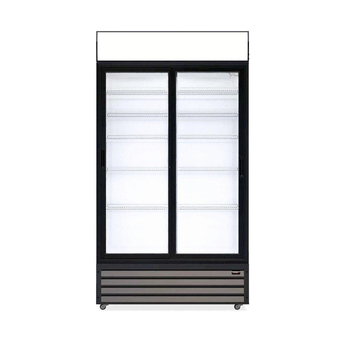 Borrelli UD-688H commercial display fridge interior, empty adjustable shelves behind double glass doors