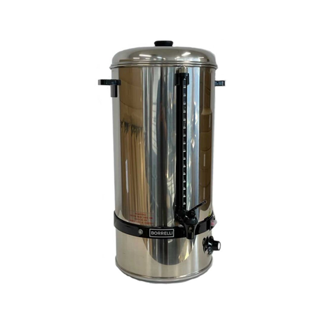 Robust 10-litre Borrelli water boiler with a stainless steel finish and visible level gauge, designed for efficient heating in commercial kitchens and catering services.