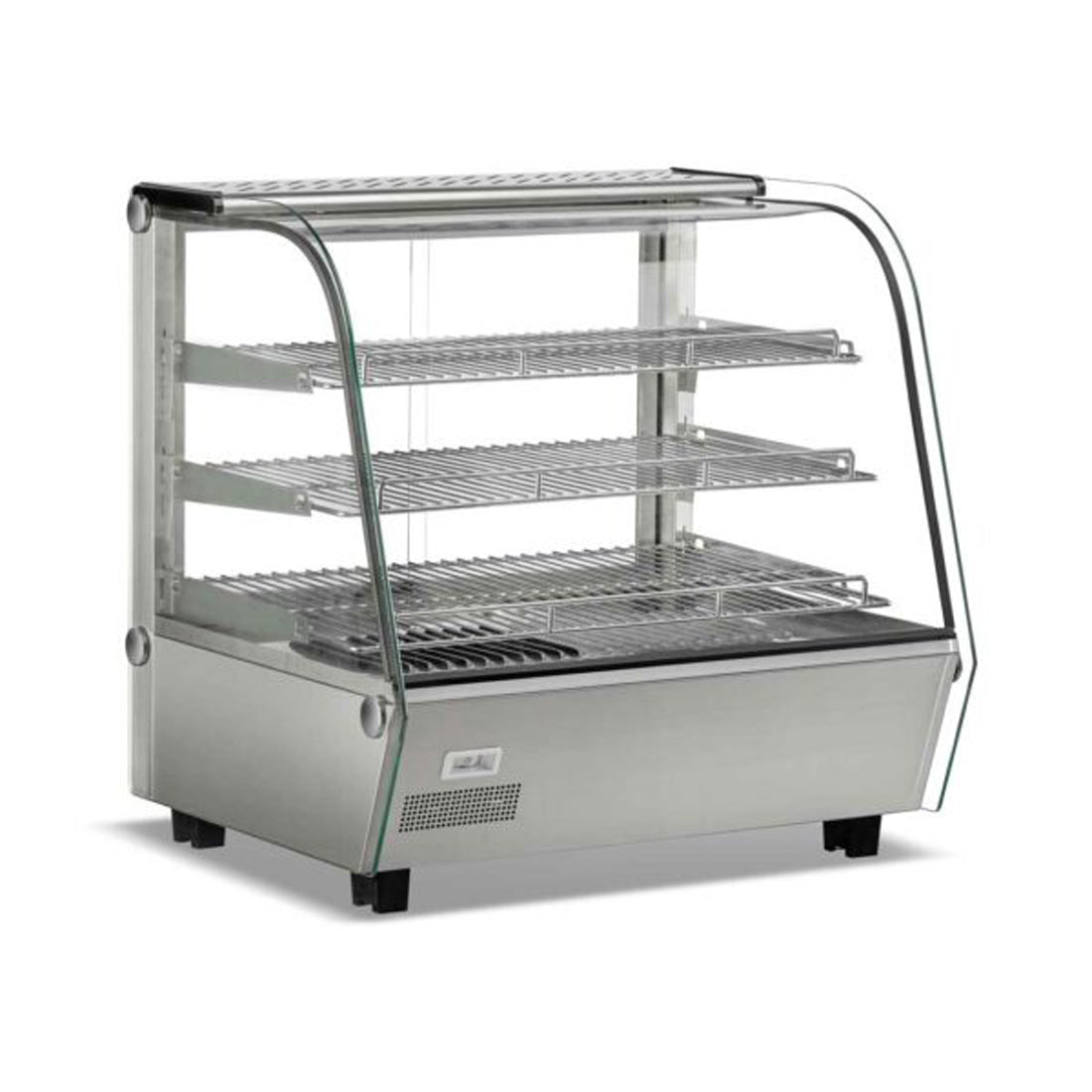 120-liter heated food display showcase with curved glass for enhanced visibility and presentation
