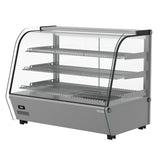 Left angled view of a Borrelli 160-liter commercial heated countertop display, with its glass door slightly ajar revealing multiple adjustable shelves and the internal lighting that enhances food presentation