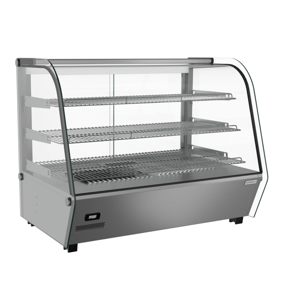 Side view of a Borrelli 160-liter commercial heated countertop display with a focus on the side glass panel, metallic frame, and the control panel housing temperature settings and power switches