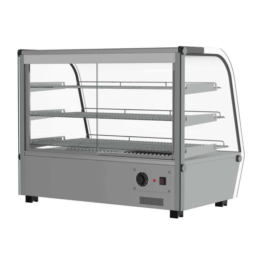 Rear view of a Borrelli 160-liter commercial heated countertop display showcasing its sleek black back panel and sturdy metallic stand, with a clear indication of the power supply cord