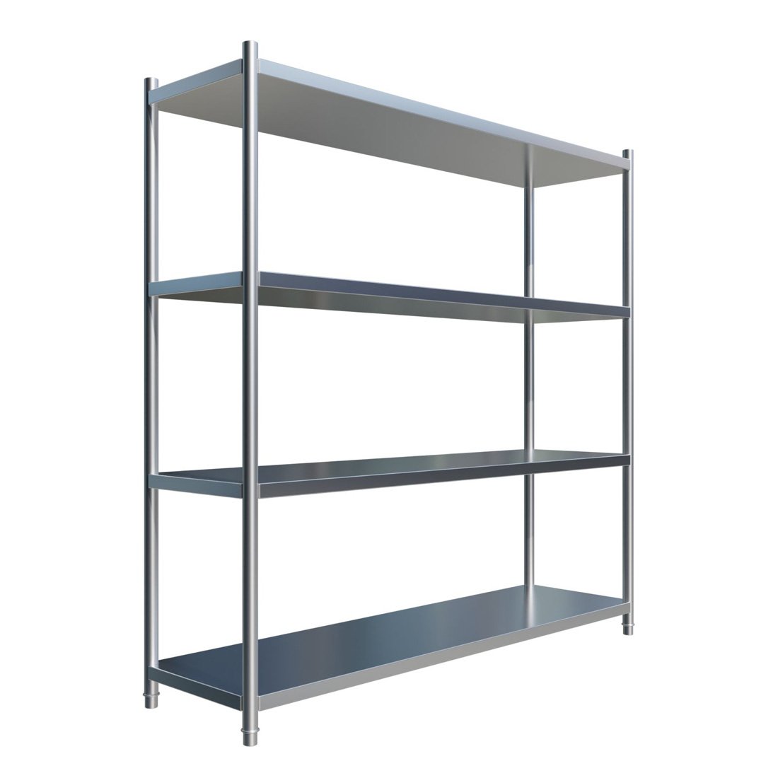 Angled perspective of Borrelli's 1800mm wide 4-tier stainless steel racking, demonstrating the reflective sheen and clean lines that complement modern kitchen aesthetics.