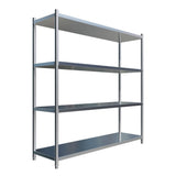 Angled perspective of Borrelli's 1800mm wide 4-tier stainless steel racking, demonstrating the reflective sheen and clean lines that complement modern kitchen aesthetics.