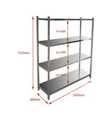 Borrelli 1800mm wide 4-tier stainless steel rack angled view with dimensions, ideal for highlighting its robust frame and ample storage space for kitchen equipment.