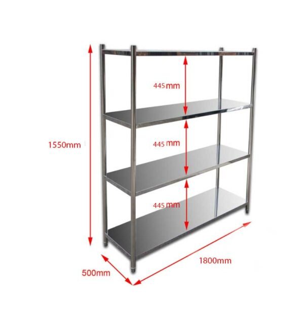 Borrelli 1800mm wide 4-tier stainless steel rack angled view with dimensions, ideal for highlighting its robust frame and ample storage space for kitchen equipment.