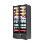 Angled view of Borrelli 510U commercial bar fridge, fully stocked and illuminated, highlighting the spacious interior and energy-efficient lighting.