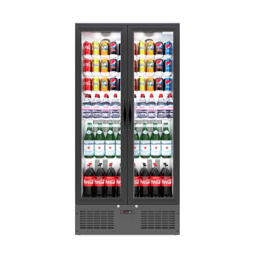 Borrelli 510U commercial bar fridge fully stocked with assorted beverages, showcasing product visibility through closed glass doors.
